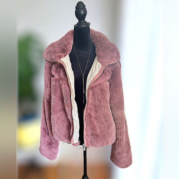 Anthropologie Faux Fur Jacket Teddy Bomber Chevron Detail Size L - Picture 2 of 16